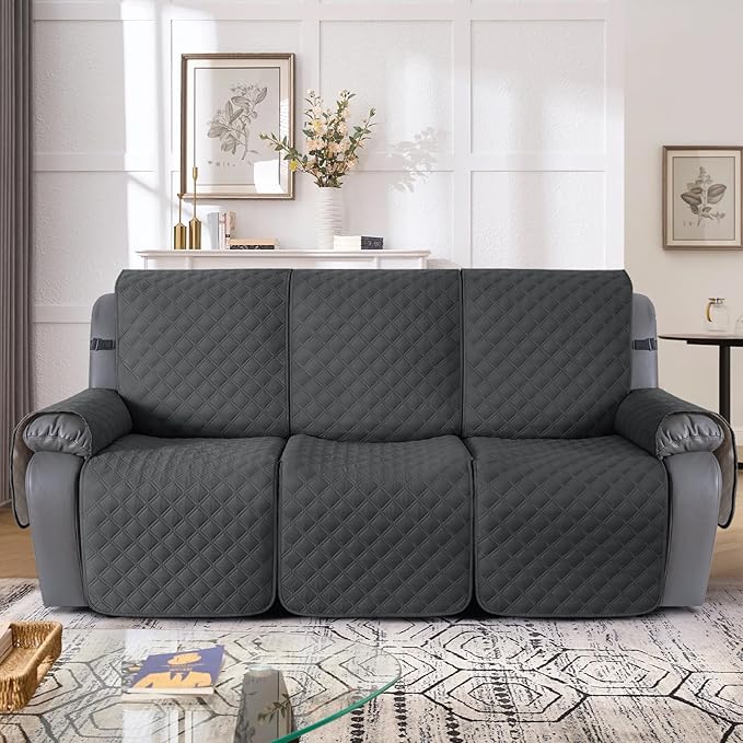 TAOCOCO 100% Waterproof Recliner Couch Covers, Recliner Sofa Covers with Leg Straps, 1-Piece Washable Reclining Sofa Cover with Pocket Couch Protector for Pets Kids(3 Seater, Charcoal Gray)