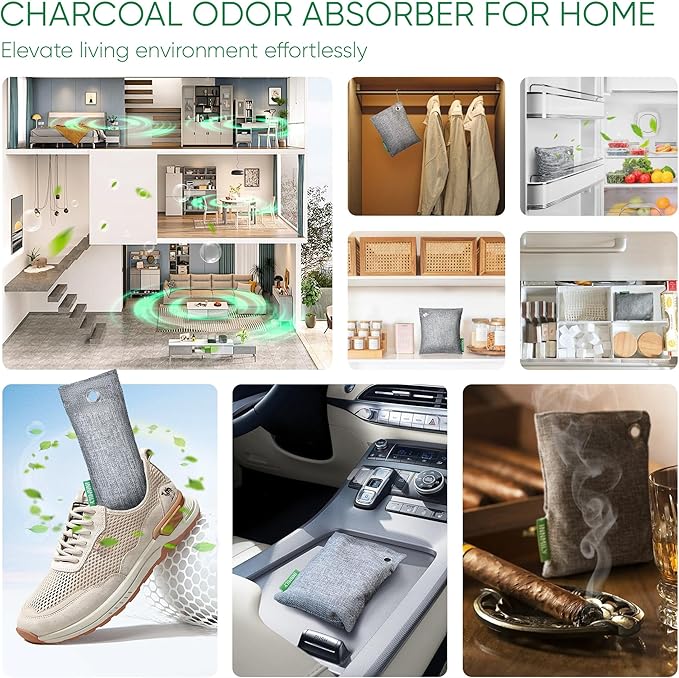 Activated Charcoal Odor Absorber,Large 500g W Hooks Nature Odor Eliminator for Strong Odor,Bamboo Charcoal Air Purifying Bags,Moisture Absorbers for Fresh Home Car Closet Pet,Smoke Smell Deodorizer