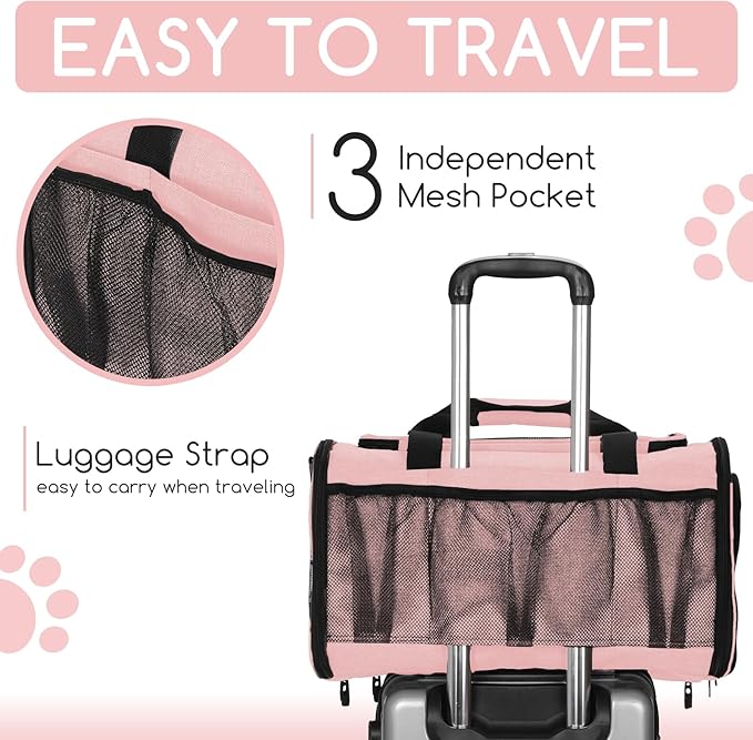 Pet Carrier for Cats & Small Dogs, Travel Carrier with Anti-Collapse Support, Chew Resistant Buckles, Luggage Sleeve, Multi-Pocket Storage, Reversible Mat & Bowl (Pink, Medium (17.5"x11"x11.5"))