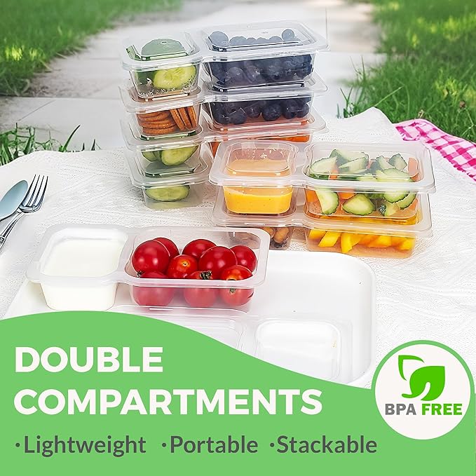 MACTANO 9 OZ Reusable Snack Containers with Lids, New Double Compartment Condiment Snack Pack Containers 20 Sets