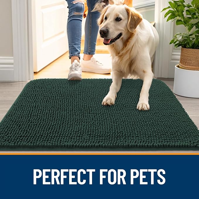 OLANLY Dog Door Mat for Muddy Paws 40x24, Absorbs Moisture and Dirt, Absorbent Non-Slip Washable Doormat, Quick Dry Chenille Mud Mat, Entry Indoor Entryway Carpet for Inside Floor, Blackish Green