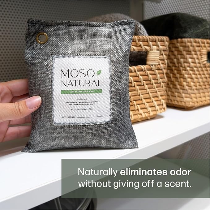 Moso Natural Air Purifying Bag 200g (4 Pack) | Premium Bamboo Charcoal Odor Absorber for Home & Car | Closet Odor Eliminator, Small Room Deodorizer & Car Air Freshener | Long Lasting Charcoal Bags