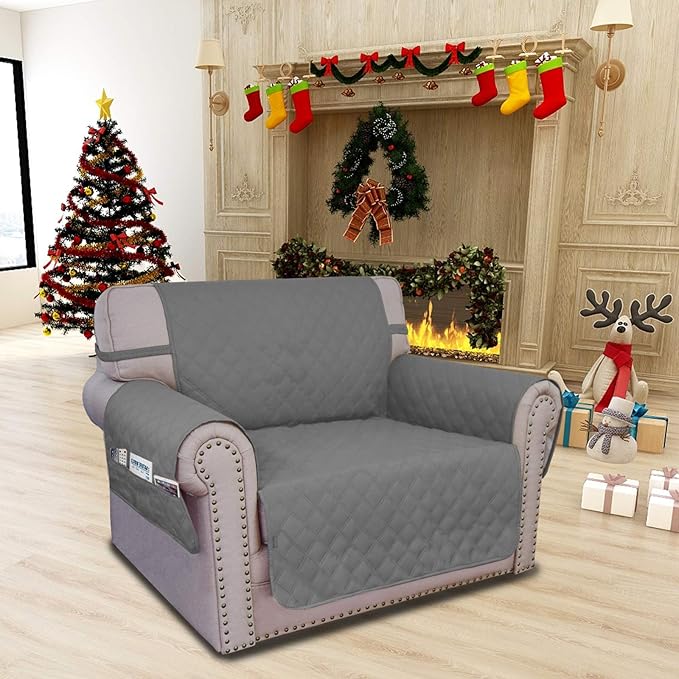 Easy-Going Sofa Slipcover Chair Cover Waterproof Couch Cover Washable Sofa Cover Non-Slip Fabric Furniture Protector with Pocket for Pets Covers Pets Kids Children Dog Cat (Chair, Grey,Small)