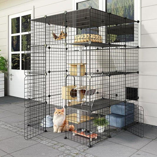 Oneluck Outdoor Cat House Catio Enclosure with Super Large Enter Door, 41L x 41W x55H Balcony Cage, Playpen with Platforms, DIY Kennels Crate Large Exercise Place Ideal for 1-3 Cats