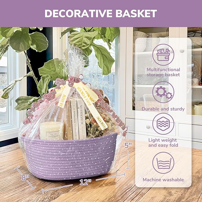 CHICVITA Gift Basket Empty, Small Easter Basket with Gift Bags & Ribbon for Easter, Dog Toy Storage, 12"x 8"x 5", Purple