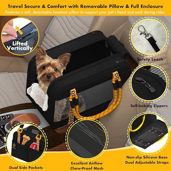 PAWZIDEA Center Console Dog Car Seat, Enclosed Small Dog Armrest Booster Carseat, Secure Straps &Anti Slip, Portable TSA Approved Puppy Pet Carrier Soft-Sided, Removable Pillow Storage Pocket, up 12lb