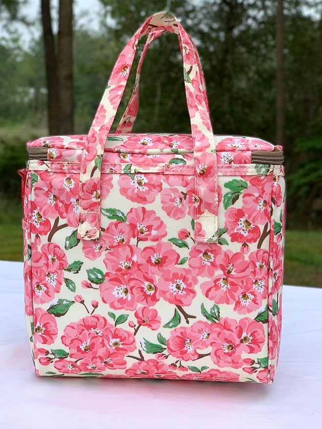 Kwang Min Floral Insulated Lunch Bag for Women,Reusable Lunch Box,Large Cooler for Office,Picnic Outdoors,Premium Waterproof Fabric,Ideal Floral Lunch Bag (Beige Begonia)