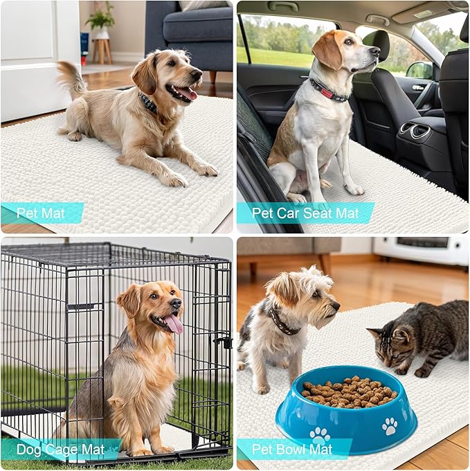 OLANLY Dog Door Mat for Muddy Paws 40x24, Absorbs Moisture and Dirt, Absorbent Non-Slip Washable Doormat, Quick Dry Chenille Mud Mat for Dogs, Entry Indoor Entryway Carpet for Inside Floor, Ivory