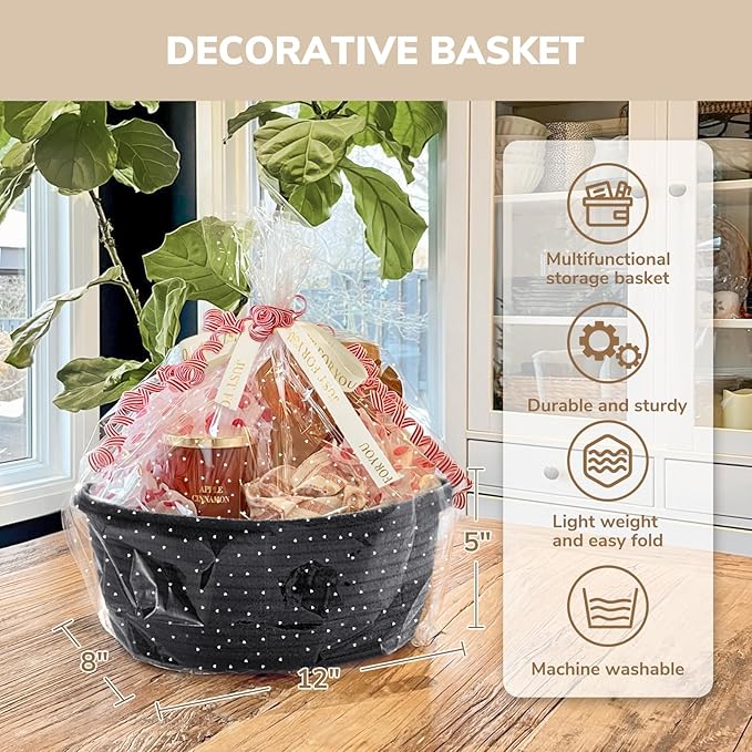 CHICVITA Black Empty Gift Basket, Small Woven Baskets for Organizing, Rope Baskets for Storage, Decorative Basket for Dogs, Cats, Cute Organizer for Shelves, 12"x 8"x 5"