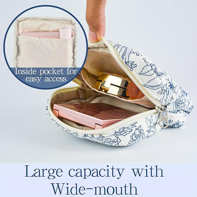 Small Floral Quilted Makeup Bag, Coquette Aesthetic Travel Toiletry Organizer for Women, Lightweight Cotton Cosmetic Pouch