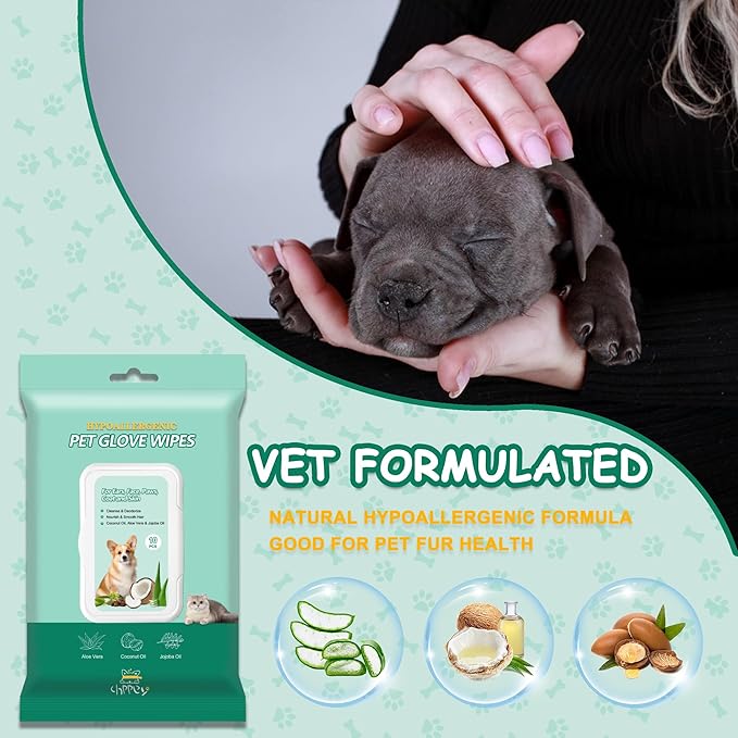 CHPPEY 40 PCS Pet Cleaning and Deodorizing Bathing Grooming Glove Wipes for Dogs and Cats, Extra Thick Nourish Fur No-Rinse Grooming Wipes for Daily Care and Travel, Hypoallergenic