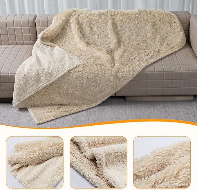 Wowchine Waterproof Calming Dog Blanket Cream Long Faux Fur Pet Throw Blankets for Medium Dogs Cats Couch Sofa Covers Love Bed Cover Washable(Cream,L-65x57in)