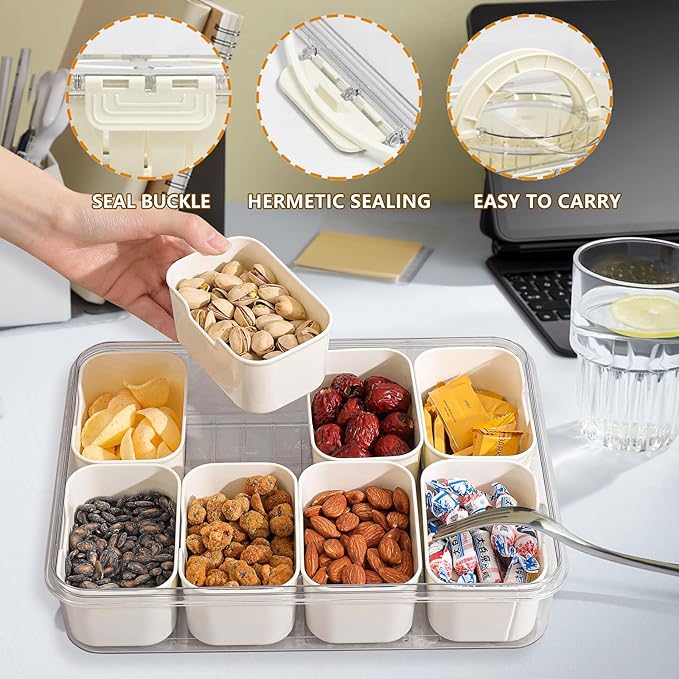 Divided Serving Tray with Lid and Handle,Portable Snackle Box Charcuterie Container,for Portable Snack Platters - Clear Organizer for Candy, Fruits, Nuts, Snacks - Perfect for Party, Entertaining
