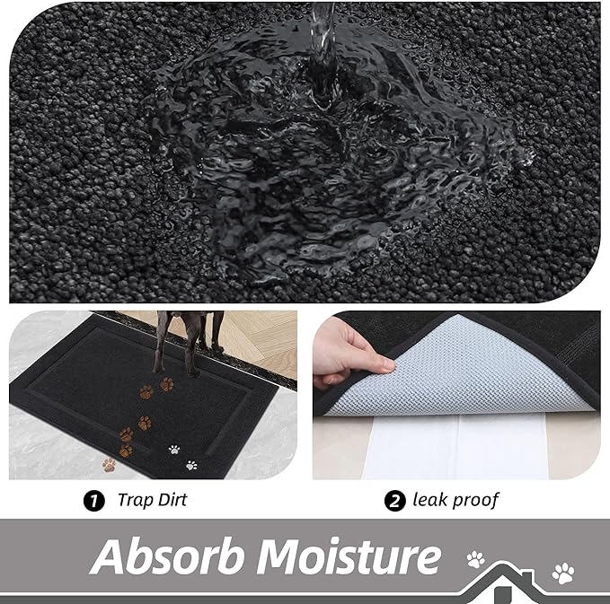 BEQHAUSE Dog Door Mat for Muddy Paws 24"x36" Dirt Trapper Absorbent Doormat Non Slip Entryway Rugs Washable Stain Resistant Welcome Floor Mat Soft Low-Profile for Front Back Door, Black