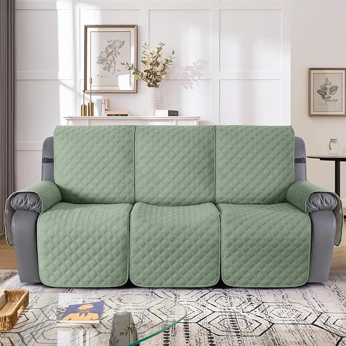 TAOCOCO 100% Waterproof Recliner Couch Covers, Recliner Sofa Covers with Leg Straps, 1-Piece Washable Reclining Sofa Cover with Pocket Couch Protector for Pets Kids(3 Seater, Sage Green)