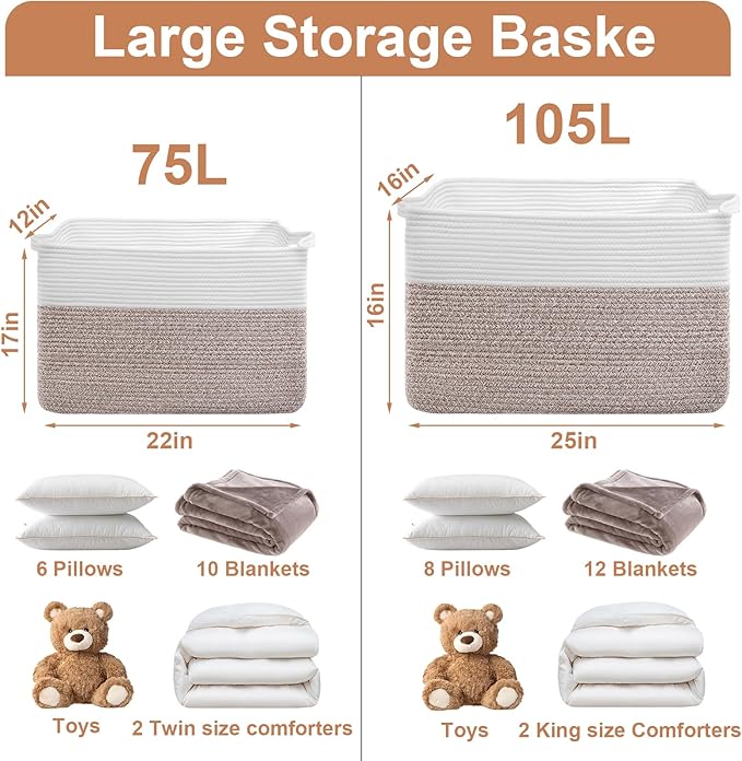 105L XXXL Large Blanket Basket, Rectangular Cotton Rope Basket, Laundry Hamper for Blankets, Pillows, Extra Large Toys Storage Bins for Kids, Dogs 25" x 16" x 16", White & Brown