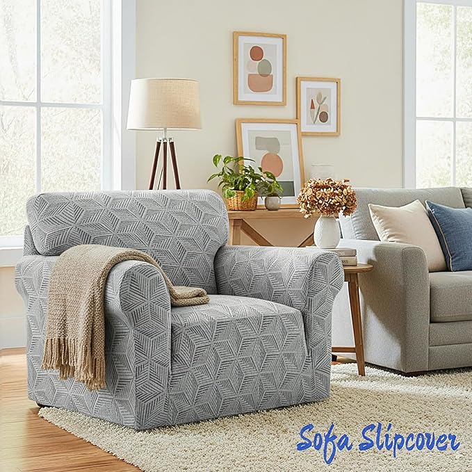 YEMYHOM 1 Piece Stretch Chair Sofa Slipcovers Couch Covers for 1 Seat, Jacquard Armchair Covers with Non-Slip Elastic Bottom, Thickened Furniture Protector for Dogs Pets kids (Small, Light Gray）