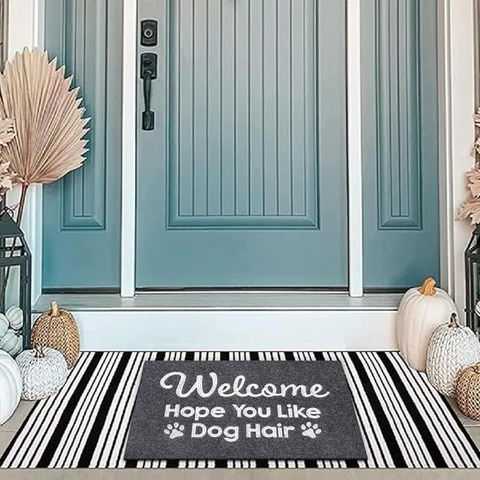 Welcome Mats for Front Door Hope You Like Dog Hair Doormat, Natural Rubber Non Slip Back Mat Indoor Funny Dog Mats for Home Decor Entryway Gray 28" x 18"