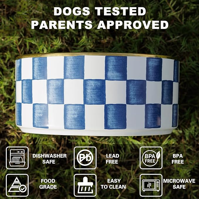 Ceramic Dog Bowls for Medium Dogs, 3.5 Cup Checkered Dog Food and Water Bowl with Acacia Wood Stand, Non-Slip Anti-Tip Elevated Feeding Station, Blue and White