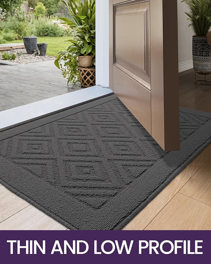 DEXI Front Door Mat for Entryway, 32x48 Washable Entry Rugs with Non Slip Backing, Low Profile Absorbent Welcome Floor Doormat for Inside Home, Entrance, Dark Grey
