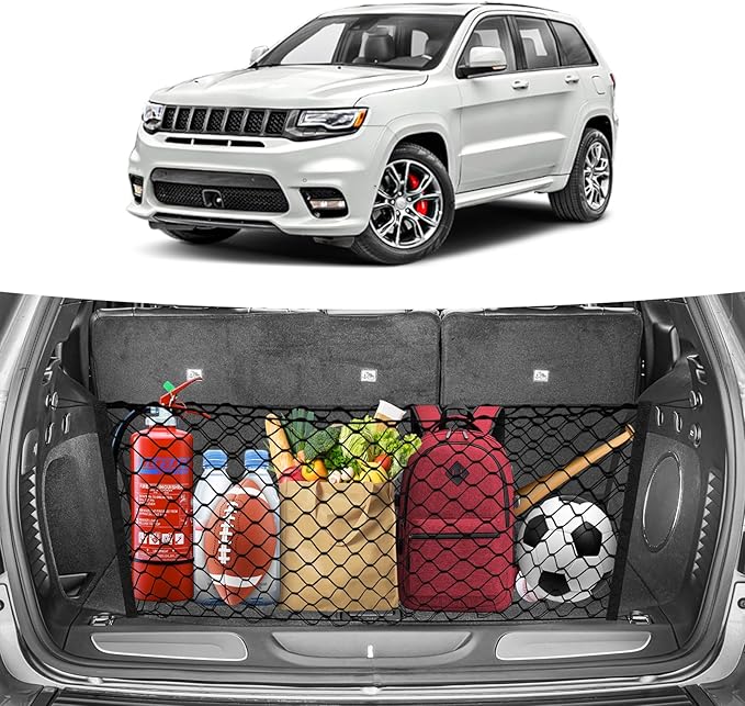 Trunk Cargo Net for 2011-2021 Jeep Grand Cherokee Accessories Envelope Style Mesh Trunk Net Organizer and Storage Stretchable Adjustable Elastic Nylon Rear Cargo Netting with Hooks