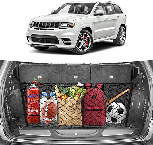Trunk Cargo Net for 2011-2021 Jeep Grand Cherokee Accessories Envelope Style Mesh Trunk Net Organizer and Storage Stretchable Adjustable Elastic Nylon Rear Cargo Netting with Hooks