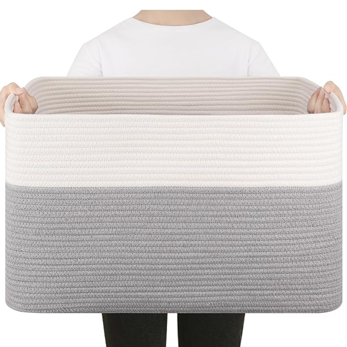 SIXDOVE 75L Large Blanket Basket, Toy Basket Bin for Kids, Cotton Rope Woven Storage Baskets for Living Room, Bedroom, Nursery, Baby Room Decorative Organizer, 22''×17''×12'', Grey and White