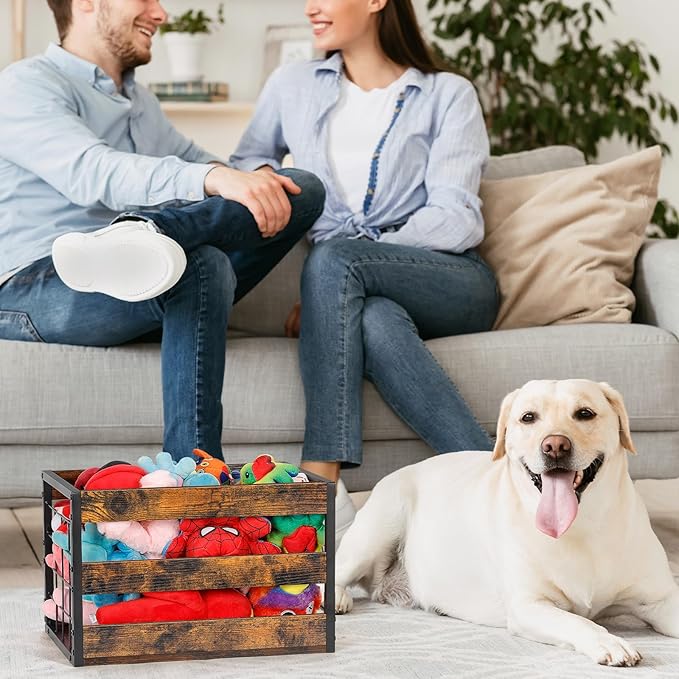 CADUKE Dog Toy Basket, Large Dog Toy Storage Bin for Pet, Metal Dog Toy Box with Handle, Chew-Proof Dog Stuff Organizer for Puppy Leash, Food, Accessories