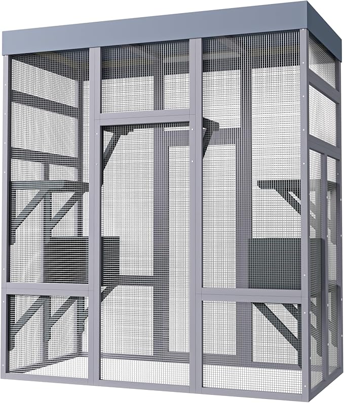 LOVMOR 62.6" Wooden Outdoor Catio for Cats, Large Cat Enclosure with Waterproof Roof, 2 Napping House, Platforms & Rust-Proof Wire – Secure Pet Cage for Backyard or Patio
