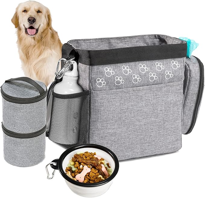 CLAWIST Dog Travel Bag with Treat Pouch, Airline Approved Dog Bags for Traveling, 2 Dog Food Travel Container, 2 Travel Bowls, Weekend Dog Travel Bag for Supplies, Dog Travel Kit Accessories