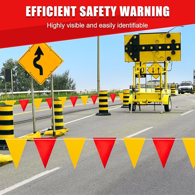 Safety Warning Pennant Banner Flags – Multipurpose OSHA High Visibility Colored Triangle Flags for Roadwork, Party and Hazard Areas(RED+YELLOW,45pcs,105FT)