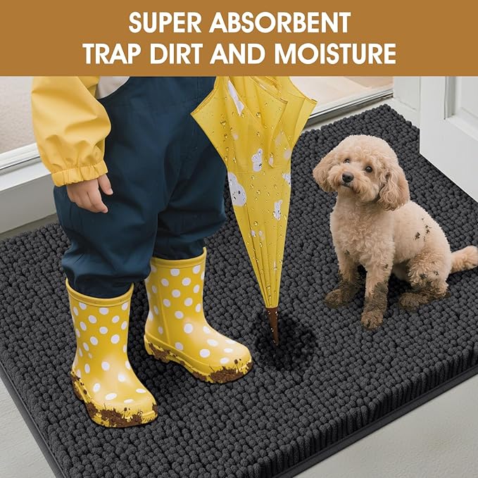 4 Pieces Muddy Door Mats for Dogs, 30" X 20" Chenille Absorbent Doormat, Trap Dirt Non Slip Heavy Indoor Doormat Soft Dog Bed Mat Front Inside Door Mat for Indoor Outdoor Entrance,Dark Grey