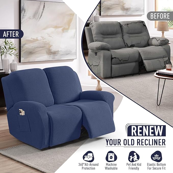 TAOCOCO Recliner Loveseat Slipcover, 6 Pieces Dual Recliner Sofa Covers for 2 Seat Dual Reclining Loveseat Couch, Stretch Soft Jacquard Pattern Furniture Protector with Elasticity (Navy Blue)