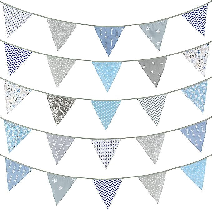 G2PLUS 39Ft Triangle Bunting Banner, 42pcs Cotton Pennant Banner, Grey Blue Reusable Floral Triangle Flags Party Decoration for Birthday, Wedding, Baby Shower, Room Decor