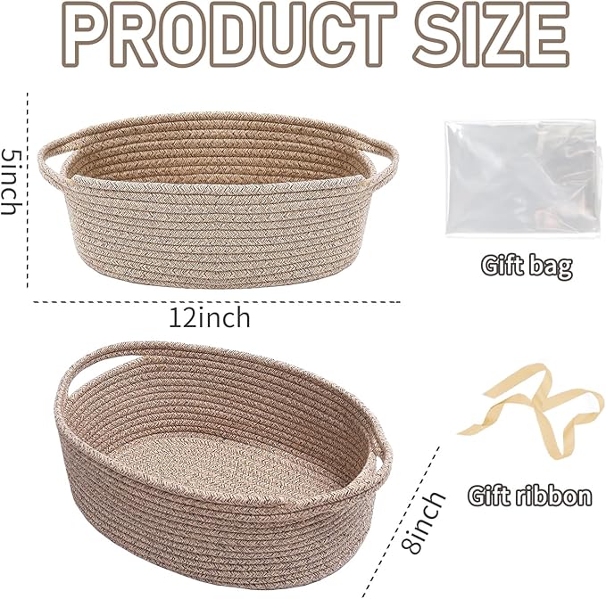 JMvicyroam Woven Basket,Small Rope Storage Bin with Handles & Ribbon Bag, Organizer for Shelves Closets,Gift Basket Empty for Birthday,Books,Dog Toys,Oatmeal
