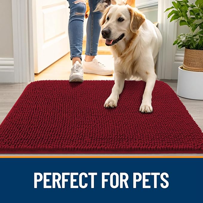 OLANLY Dog Door Mat for Muddy Paws 59x32, Absorbs Moisture and Dirt, Absorbent Non-Slip Washable Doormat, Quick Dry Chenille Mud Mat for Dogs, Entry Indoor Entryway Carpet for Inside Floor, Red