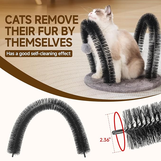 Cat Arch Self Groomer Massager, Kitty Grooming Brush with 2 Brushes and Heavy Plush Base, Cat Face and Back Scratchers, Rubbing Post for Indoor and Outdoor Cats with 2 Plush Balls