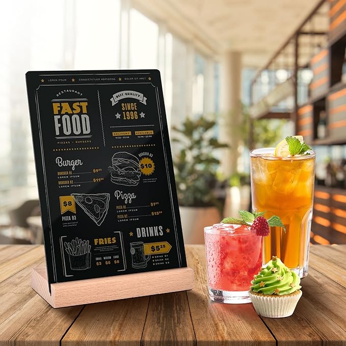 4 Pack Mini Chalkboard Signs - 8x6 inch Acrylic Chalk Board - Small Chalkboard Signs with Beech Base - Double Sided Blackboard for Display Menus, Food Signs, Message Boards, Table Numbers