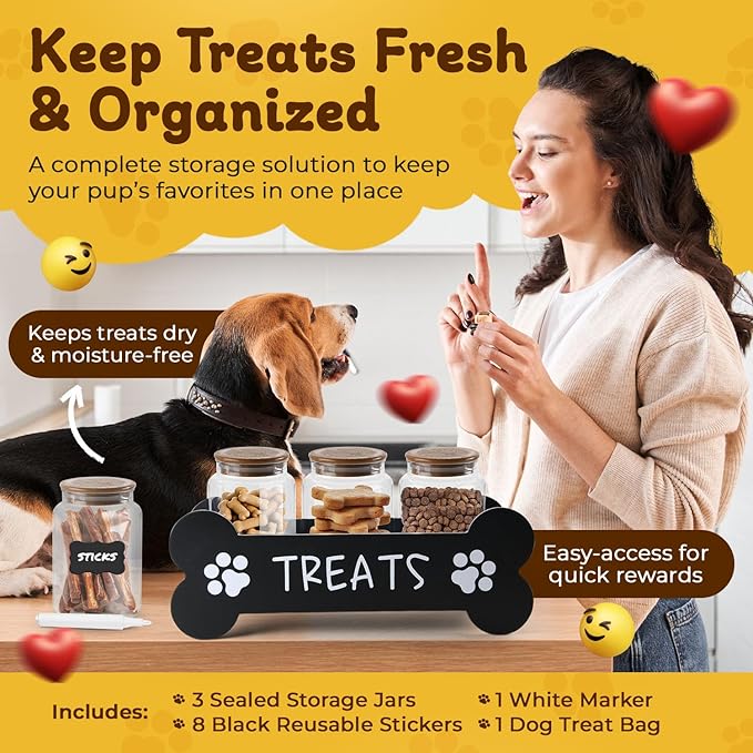 Furry Tails Co Dog Treat Container - Includes 3 Treat Jars, 1 Treat Bag, Wooden Pet Treat Holder, storage Basket, Dog Treat Station, with Reusable Sticker & Marker - Bone Shape