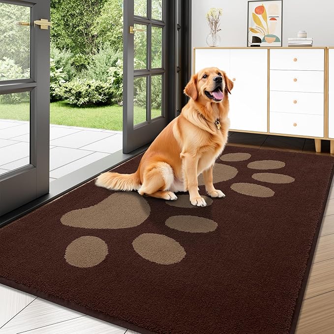 Buganda Dog Door Mat for Muddy Paws, Absorbent Dirt Trapper Washable Indoor Doormats, Non Slip Low-Profile Mud Mat for Dogs, Front Entrance Doormat for Inside Floor (47x32 Inches, Brown)