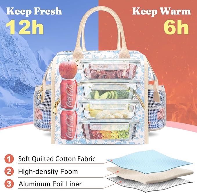 Lunch Bag Women Insulated Lunch Box Wide-Open Lunch Tote Bag Large Drinks Holder Durable Nylon Thermal Snacks Organizer for Men Adults Work Picnic Hiking Beach Fishing, Blue Flower