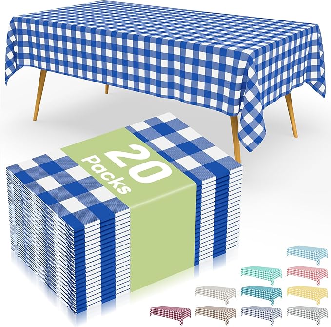 Smiry 20 Packs Gingham Disposable Table Cloth, 54 x 108 Inch Waterproof Plastic Tablecloth, Rectangle Blue and White Checkered Table Covers for Picnic, Birthday, Party