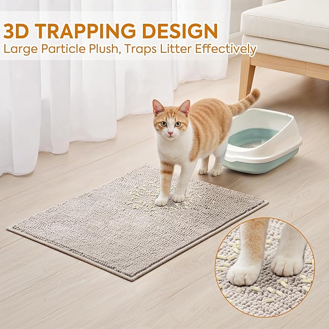 Pieviev Chenille Cat Litter Mat for Litter Box, 28"x22" Soft Ultra Absorbent Mat, Waterproof & Non-Slip, Easy to Clean Litter Trapping Mat for Indoor Cats, Gray