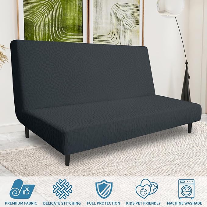 ZNSAYOTX Fashion Futon Cover (67"-82") Stretch Fit Armless Sofa Bed Slipcover, Universal Foldable Sofa Mattress Protector Full Queen Size, Irregular Plaid Texture Jacquard Futon Protector (Dark Gray)