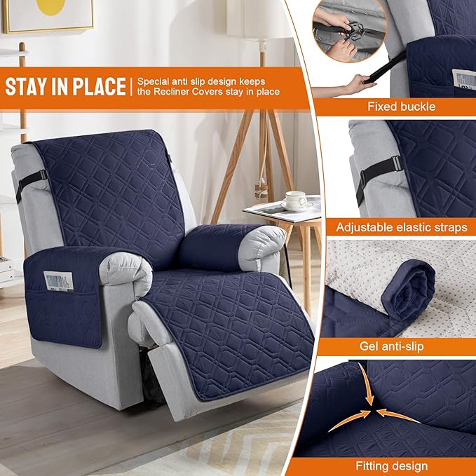 VANSOFY 100% Waterproof Recliner Chair Covers, Recliner Cover Non-Slip Dog Chair Cover Furniture Protector Washable Slipcover with Pocket, Elastic Straps for Pets, Dogs(Dark Blue, 25")