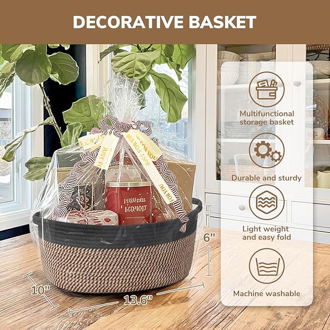 CHICVITA Gift Basket Empty, Small Basket with Gift Bags & Ribbon for Easter, Woven Baskets for Storage, Dog Toy Storage,13.6"x 10" x 6", Black & Jute