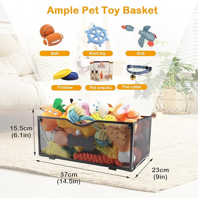 Metal Dog Toy Basket Medium,Mesh Wire Baskets for Pet Toy,Collapsible Cat Toy Bin with Wooden Handles,Dog Storage Organizer,Ideal for Dog Cat Accessories-Easy Assemble