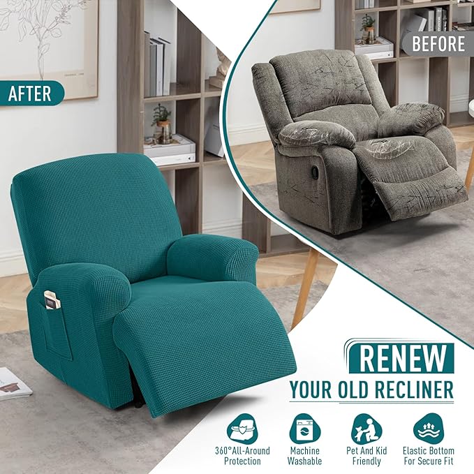 TAOCOCO Recliner Cover 4-Pieces, Recliner Stretch Sofa Slipcover, Recliner Cover 1 Seat, Couch Protector Soft, Furniture Protector Covers with Elastic,Chair Covers Jacquard Pattern (Peacock Blue)