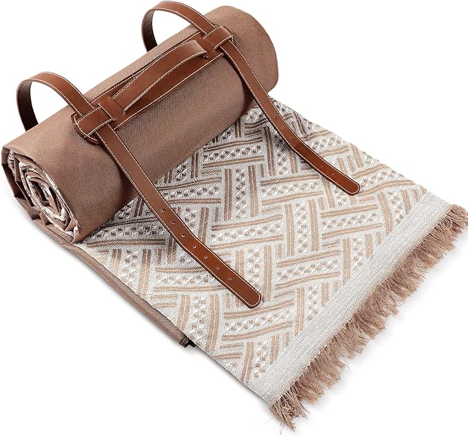 VitalCozy Waterproof Picnic Blankets Outdoor Blanket Foldable 2 in 1 Double Layer Sandproof Beach Mat with Carry Strap for Camping Lawn Park Beach Grass(Khaki)