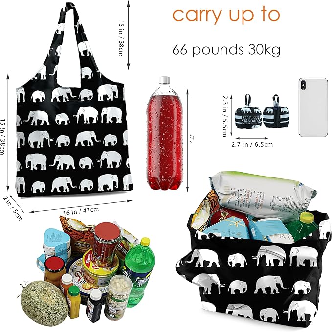 BeeGreen Elephant Tote Bag - Reusable Grocery Shopping Bag Ultimate Travel - Foldable Compact Portable Lightweight Duffle Bags